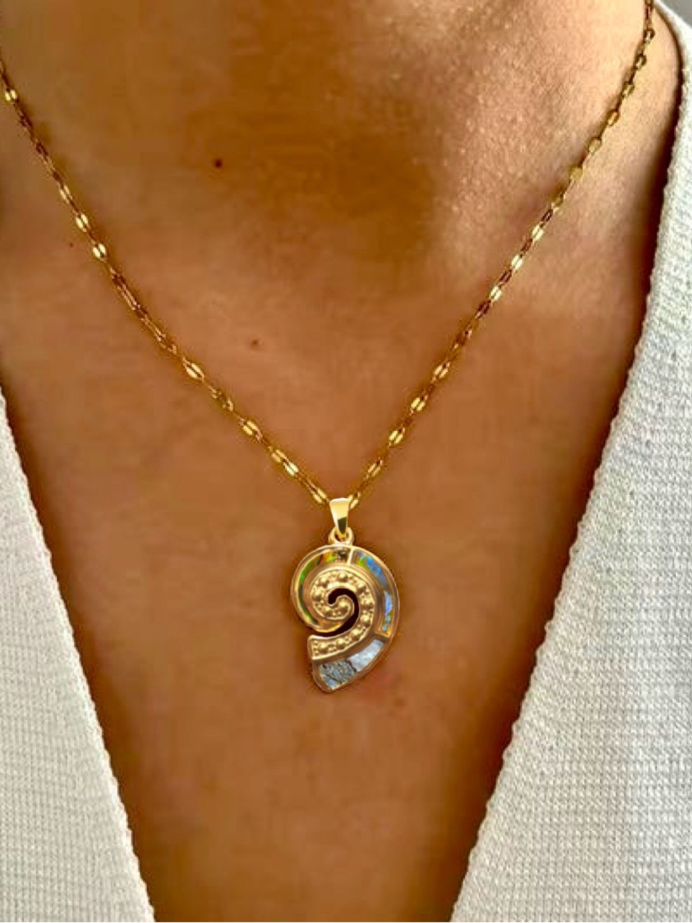 Abalone Shell Pendant Necklace | 18k Gold Stainless Steel Lips Chain | 18”